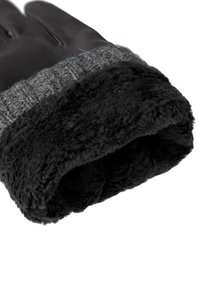 Leather gloves with a black faux fur lining and a gray knit cuff. The glove features smooth leather and a soft, plush texture in the lining.