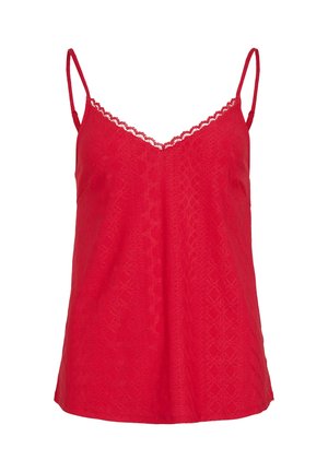 Top de tirantes ajustables fino en color rojo, con encaje en el escote y un patrón geométrico texturizado en toda la prenda.
