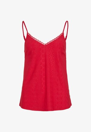 Rdeča majica na ramljih z nastavljivimi trakovi, ki ima čipkast obrob ob ovratniku in teksturiran geometrijski vzorec po celotni površini.