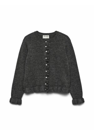 Mørkegrå strikket cardigan med rund hals, knaplukning foran med dekorativ kant og ribstrikkede ærmekanter og kant forneden.