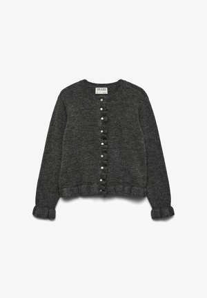 Mørkegrå strikket cardigan med rund hals, knaplukning foran med dekorativ kant og ribstrikkede ærmekanter og kant forneden.