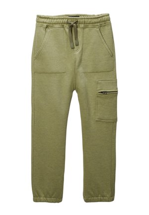Pantalon de survêtement vert olive clair avec ceinture élastique et poignets, poches avant et une poche cargo zippée sur la cuisse droite.