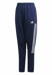 Marineblaue Sporthose aus glattem Material, mit einem dehnbaren Bund, einem weißen Dreistreifen-Design und seitlichen Reißverschlusstaschen.