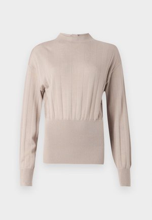 Top a coste beige con colletto alto, maniche lunghe e vita arricciata. Texture liscia con righe verticali e silhouette aderente.