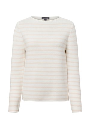 Leichter Pullover in Creme mit subtilen beigen horizontalen Streifen, rundem Ausschnitt und langen Ärmeln, der ein strukturiertes Strickmuster aufweist.