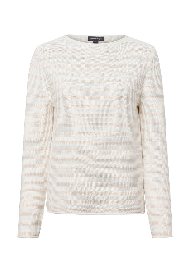 Lichtgewicht trui in crème met subtiele beige horizontale strepen, ronde halslijn en lange mouwen, met een gestructureerd breipatroon.