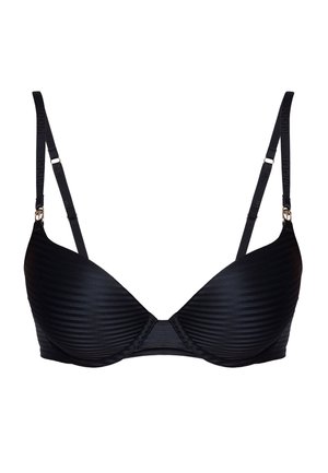 Black padded bra with subtle horizontal stripes, adjustable straps, and underwire support, displayed against a white background.
