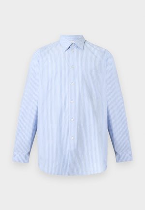 Light blue men's button-up shirt with white vertical stripes, long sleeves, collar, and chest pocket, displayed on a plain background.
