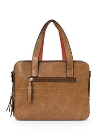 Sac à main en simili cuir marron avec une texture crocodile, deux poignées, une poche zip à l'avant et une doublure orange contrastante.