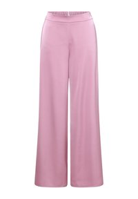 Pantaloni a gamba larga rosa realizzati in tessuto liscio, con una vita alta e un design semplice, adatti per varie occasioni.