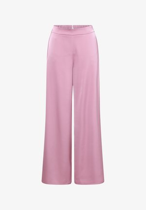 Rosa weite Hosen aus glattem Stoff mit hohem Bund und einem schlichten Design, geeignet für verschiedene Anlässe.