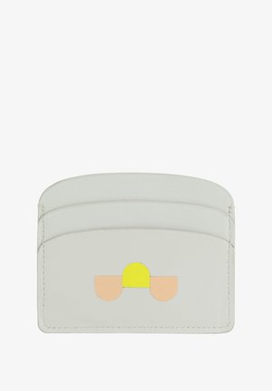 Gray leather cardholder featuring three card slots and a geometric pattern in yellow and peach on the front. Smooth texture, minimalist design.