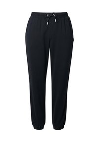 Schwarze Sweatpants mit einem verstellbaren Bund, elastischen Bündchen und Seitentaschen. Hergestellt aus weichem Stoff mit lockerer Passform.