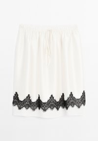 Weiße Rock mit elastischem Bund und Kordelzug. Schwarze Spitzenverzierung am Saum mit gewelltem Design. Glatte Textur, knielang.
