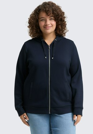Navy zip-up hoodie with a textured finish, drawstring hood, and side pockets. Features a metal zipper and ribbed cuffs.