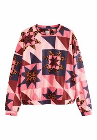 Kerek nyakú fleece pulóver, rózsaszín, lila és barna csillagmintával, leopárdmintás részletekkel. Hosszú ujjú, rugalmas alsó szegéllyel.