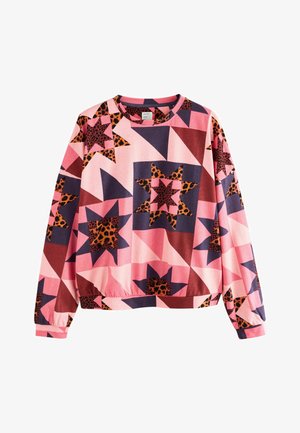 Kerek nyakú fleece pulóver, rózsaszín, lila és barna csillagmintával, leopárdmintás részletekkel. Hosszú ujjú, rugalmas alsó szegéllyel.