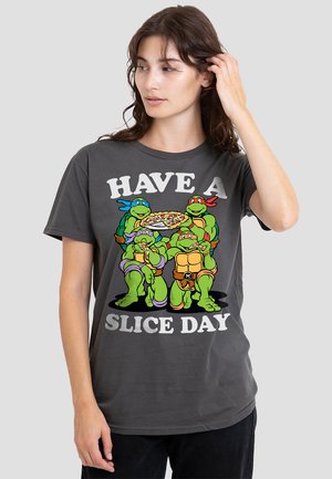 Gray cotton t-shirt featuring colorful cartoon turtles holding pizza, with the text "HAVE A SLICE DAY" in bold white letters.