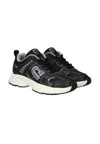 Zwarte sportschoenen met een bovenwerk van mesh en synthetisch leer, textuurelementen, dikke witte zool en zwarte veters. Opvallende logodetail aan de zijkant.
