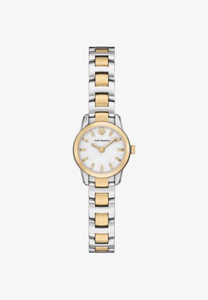 Ur af sølv- og guldfarvet metal med rund urskive af hvid perlemor, gyldne timemarkører og en ledet armbåndsform.