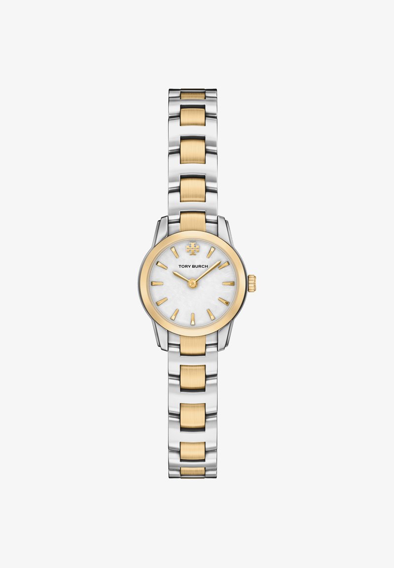 Montre en métal ton argent et or avec un cadran rond en nacre blanche, des index dorés et un bracelet à maillons.