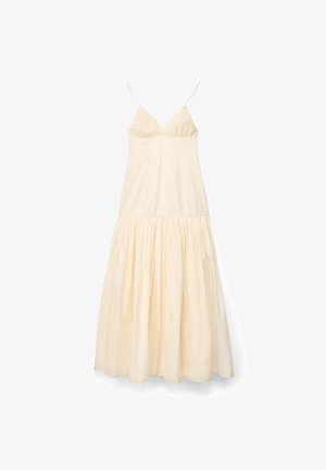 Ärmelloses Maxikleid in Cremefarbe mit dünnen Spaghettiträgern und einem gerafften, fließenden Rock.