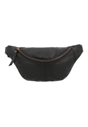 Zwarte leren heuptas met een gebogen ontwerp, voorzien van een goudkleurige rits en subtiele stiksels, een gladde textuur en een verstelbare riem.