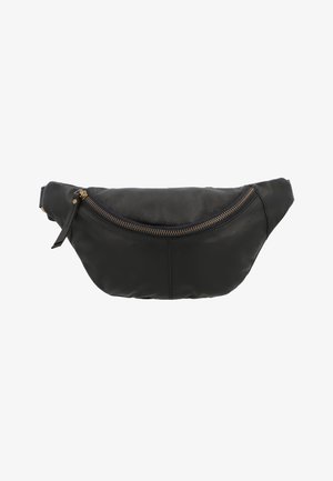 Zwarte leren heuptas met een gebogen ontwerp, voorzien van een goudkleurige rits en subtiele stiksels, een gladde textuur en een verstelbare riem.