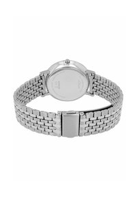 Edelstahl-Armbanduhr mit einem silbernen Mesh-Armband und einem runden Gehäuse. Die Rückseite zeigt gravierte Details und eine Krone. Sicherer Verschluss mit Hardware enthalten.