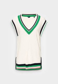 Haut court à manches courtes en côte de couleur crème avec un col en V, présentant des rayures vertes, noires et rouges le long du col et de l'ourlet.