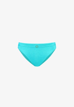 Turquoise bikini bottom made of smooth, shimmering fabric. Features a narrow waistband and a small metallic accent on the front.