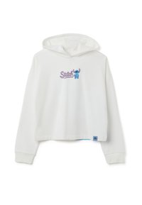 Sudadera blanca corta con capucha, con un logo morado de "Stitch" y una ilustración del personaje Stitch en azul. Hecha de tela suave con puños acanalados.