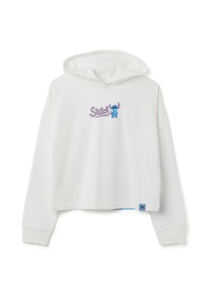 Witte, korte sweatshirt met een capuchon, voorzien van een paarse "Stitch"-logo en blauwe Stitch-illustratie. Gemaakt van zachte stof met geribbelde manchetten.