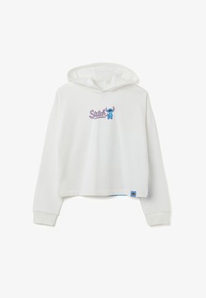 Sudadera blanca corta con capucha, con un logo morado de "Stitch" y una ilustración del personaje Stitch en azul. Hecha de tela suave con puños acanalados.
