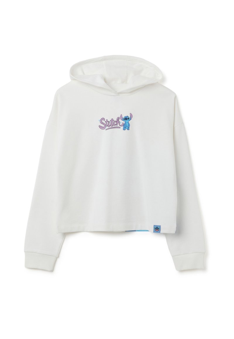 Sudadera blanca corta con capucha, con un logo morado de "Stitch" y una ilustración del personaje Stitch en azul. Hecha de tela suave con puños acanalados.
