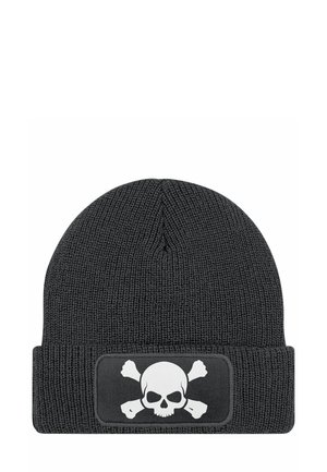 Black knit beanie with a cuff, featuring a patch displaying a white skull and crossbones design. Textured fabric.