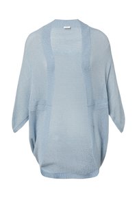 Lichtblauwe opengehaakte cardigan met een relaxte pasvorm, voorzien van korte mouwen en contrasterende ribbels. Geen sluitingen; ademende textuur.