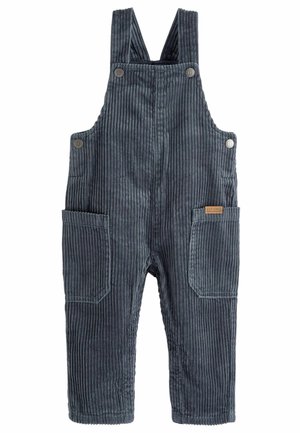 Dunkelgraue Cord-Latzhose für Kleinkinder mit Vordertaschen und verstellbaren Knopfträgern.