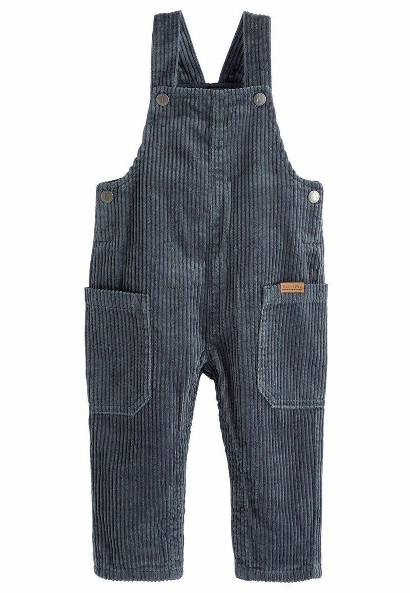 Salopette en velours côtelé gris foncé pour tout-petit, avec poches avant et bretelles réglables à boutons.