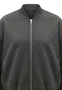 Veste bomber gris foncé à fermeture éclair avec col côtelé et fermeture éclair argentée visible sur le devant, montrée de la poitrine vers le haut sur fond blanc.