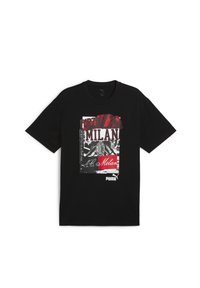 Sort T-shirt lavet af bomuld, med et grafisk tryk med "Forza Milan" og A.C. Milan-logoet i røde og hvide nuancer. Korte ærmer.