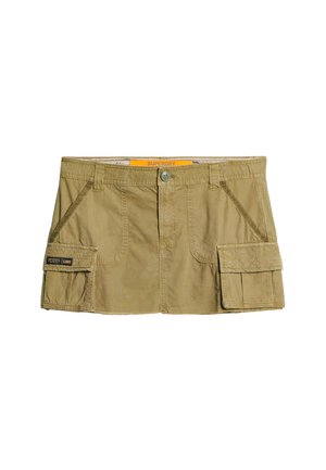 Khaki utility-shorts med knaplukning, to sidelommer og en cargolomme. Stoffet er let og har en glat tekstur.