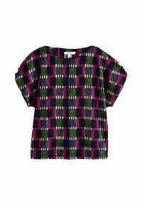 Top scurt cu mânecă, într-un stil boxy, realizat dintr-un material țesut multicolor, având un model geometric în nuanțe de roz, verde, albastru și crem. Finisaj texturat.
