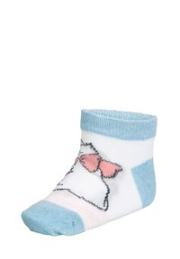 Calzino bianco in cotone con bordo e punta azzurri, caratterizzato da un design di un gatto cartone animato con un fiocco rosa. Lunghezza alla caviglia, texture morbida.