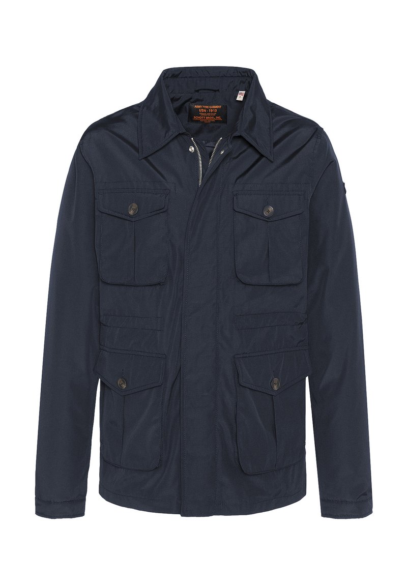 Giacca blu navy con colletto, due tasche sul petto e due tasche inferiori. Realizzata in tessuto morbido con chiusura a zip e dettagli con bottoni.