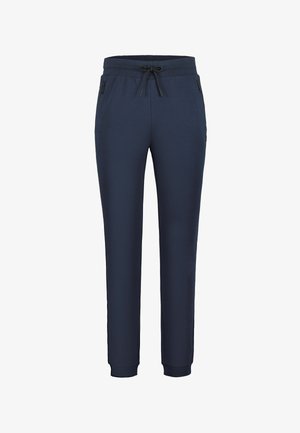 Pantalon de survêtement bleu marine en mélange de coton doux, doté d'une ceinture à cordon, de poches latérales et de chevilles resserrées. Design simple et épuré.