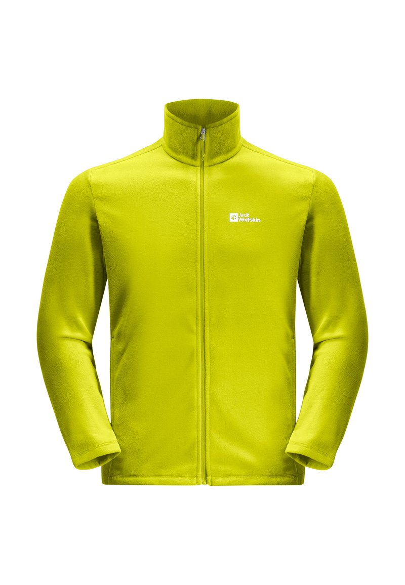 Felle limegroene fleecejack met een hoge kraag, volledige ritssluiting en lange mouwen. Bevat een klein logo op de linkerkant van de borst.