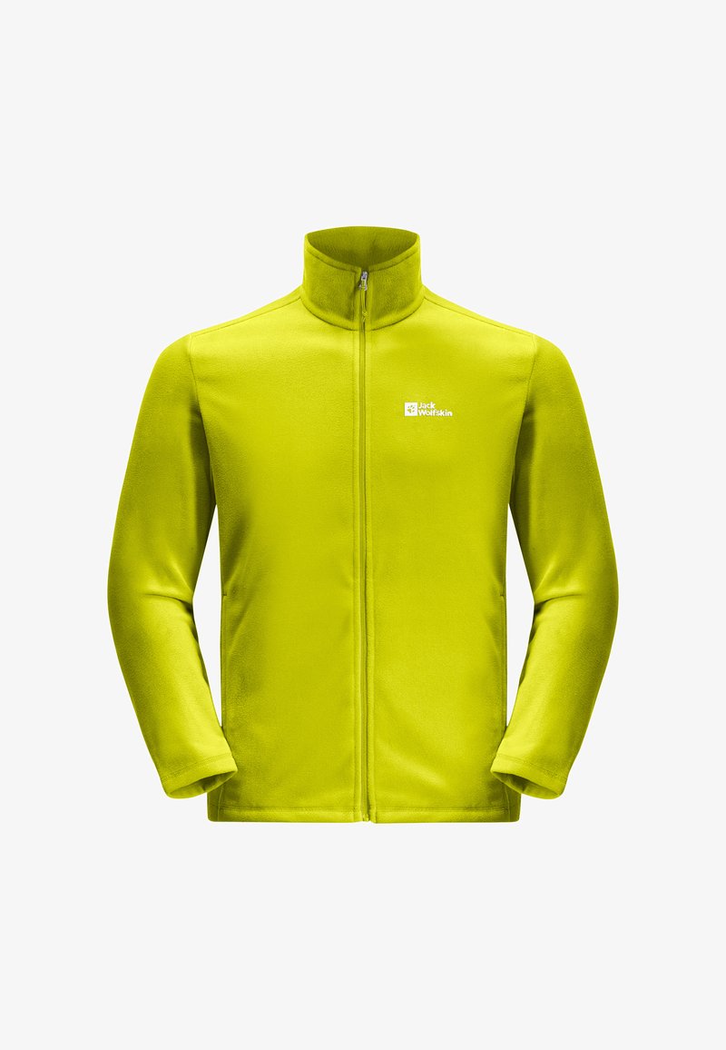 Felle limegroene fleecejack met een hoge kraag, volledige ritssluiting en lange mouwen. Bevat een klein logo op de linkerkant van de borst.