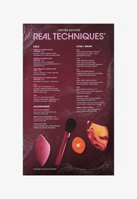 Limited edition Real Techniques product guide on a burgundy background. Includes various makeup brushes and sponges in distinct shapes and colors.