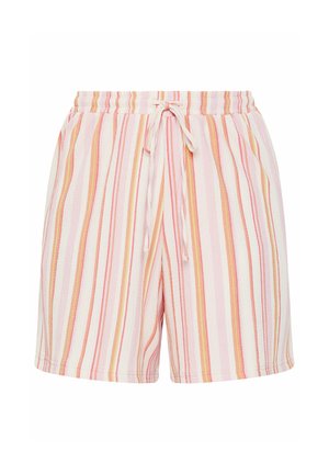 Hellrosa Shorts mit vertikalen orangefarbenen, gelben und weißen Streifen, elastischem Bund und einer vorderen Kordel zum Binden.